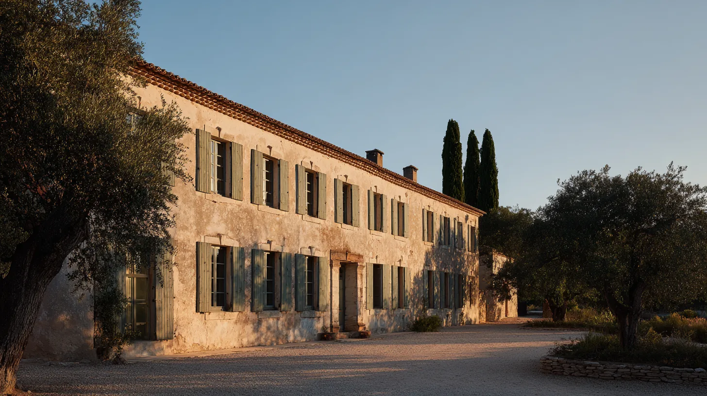 La façade de la magnanerie au coucher du soleil. Pierre du Luberon, volets sage, cyprès en arrière-plan.