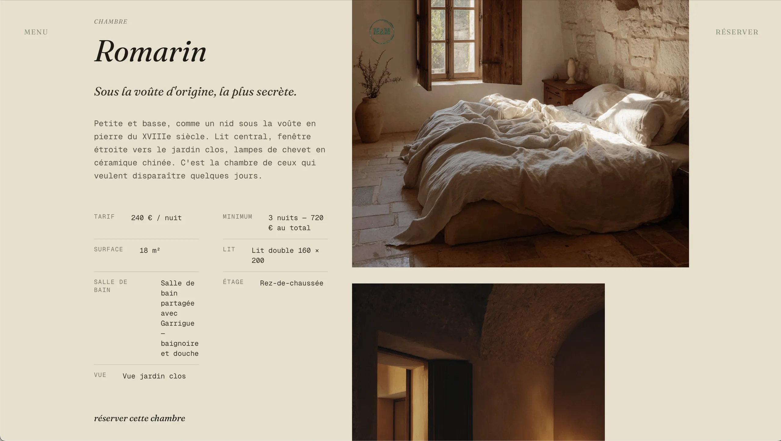Page chambre Romarin avec spécifications et images de la voûte d'origine.