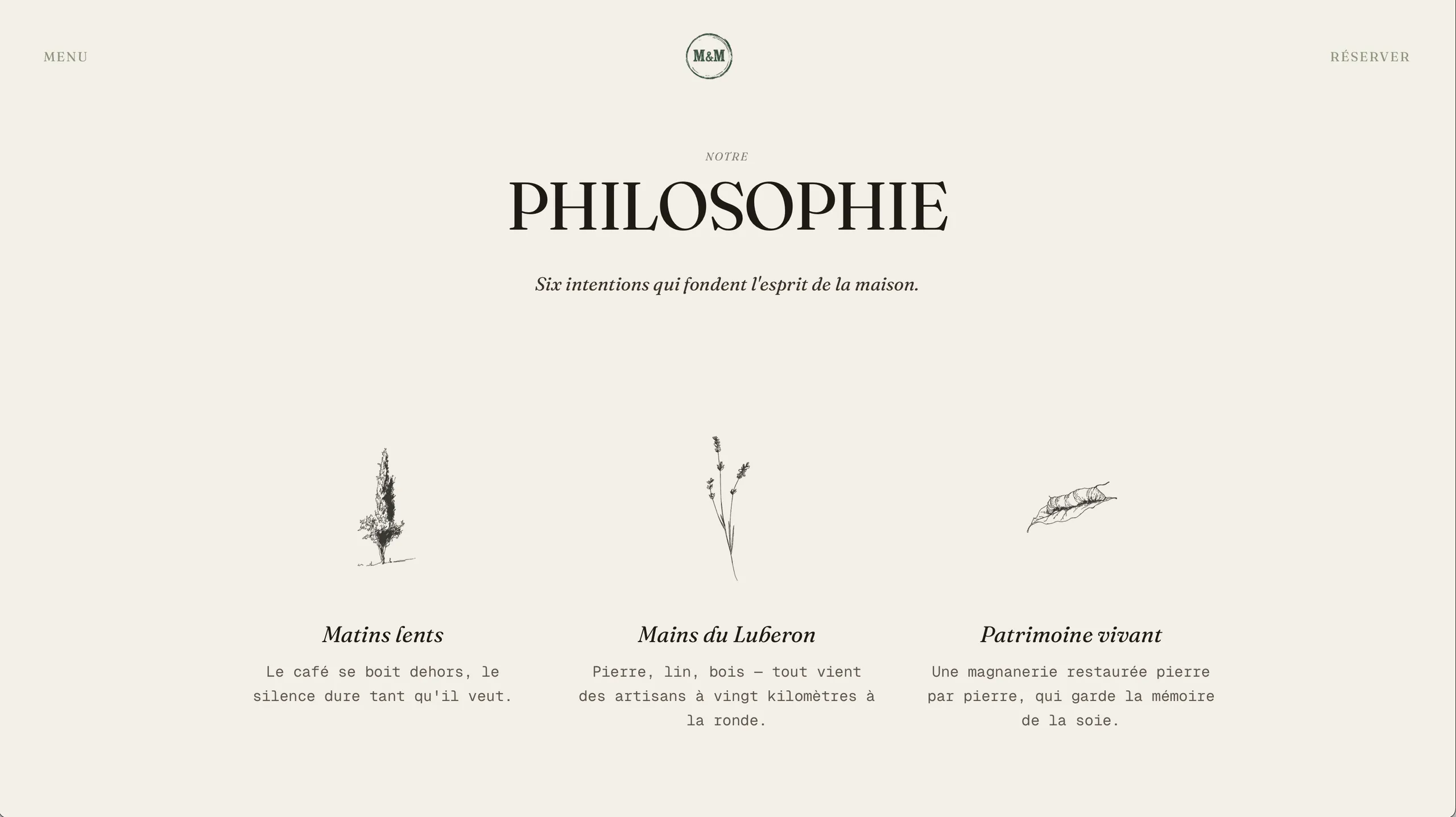 Section Philosophie. Six intentions de la maison illustrées au trait.